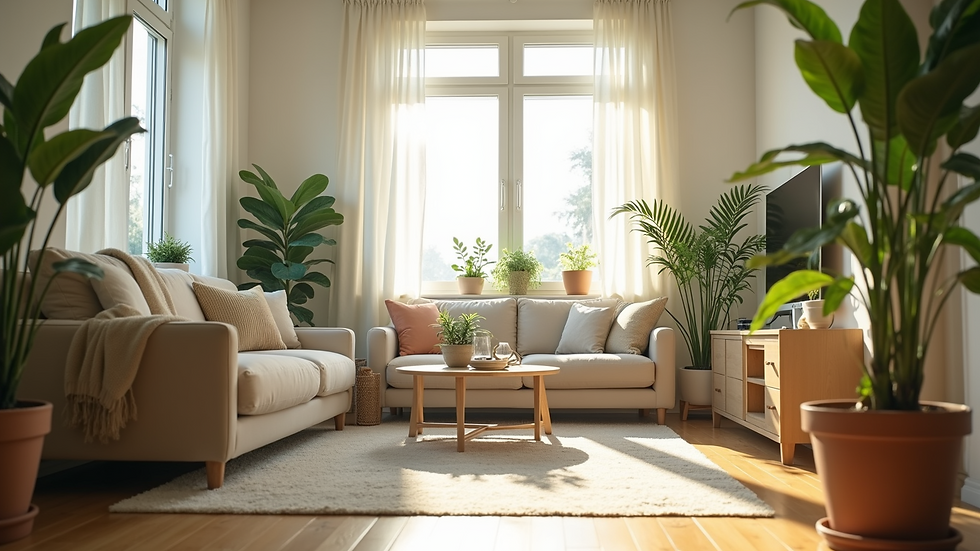 Eye-level view of a bright living room with plants and natural light