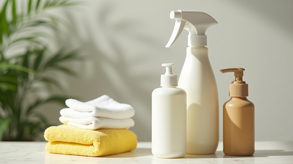 Close-up view of eco-friendly cleaning products arranged neatly