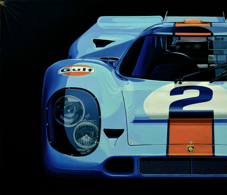 Nejznámější německé závodní auto Porsche 917 - Gulf/John Weyr team. Čelní pohled. 