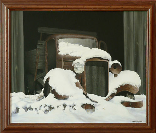 A wreck in the snow. Painting by Pavel Holý, Prague, Czech Republic