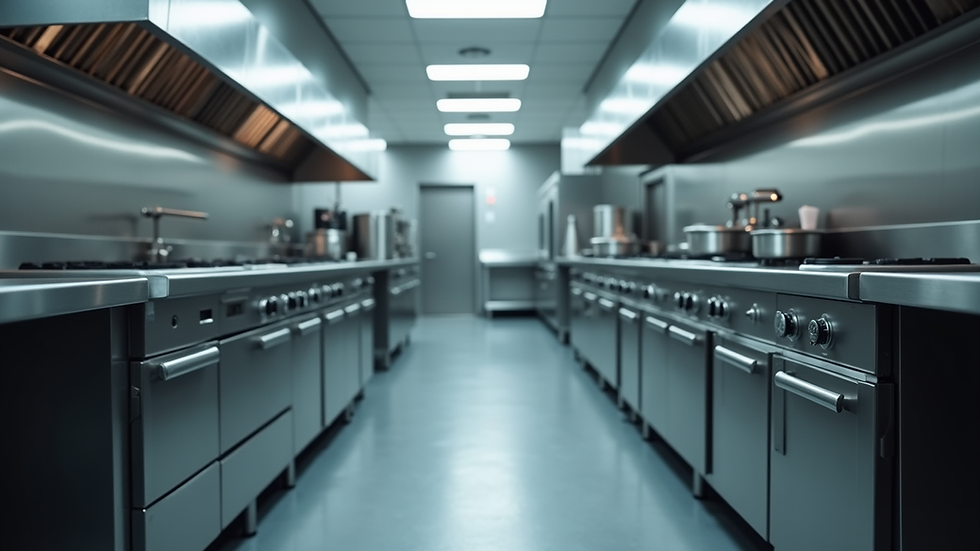 Eye-level view of a commercial kitchen with stainless steel equipment