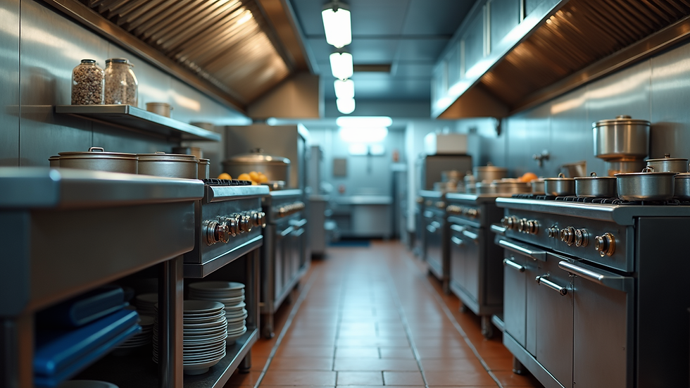 Eye-level view of commercial kitchen with durable cooking equipment