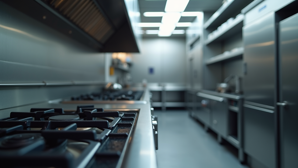 Eye-level view of a stainless steel commercial kitchen range