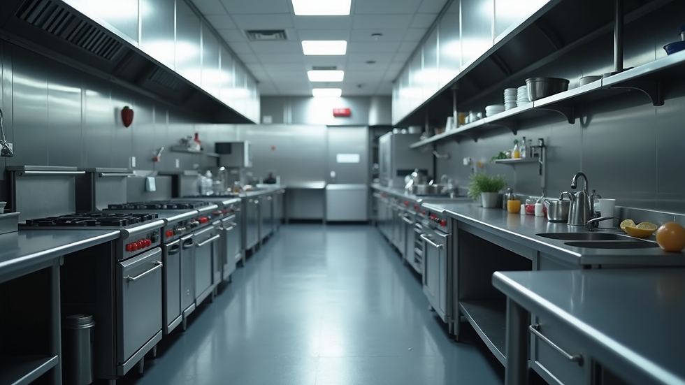 High angle view of commercial kitchen with stainless steel appliances