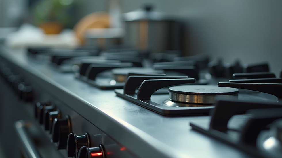 Close-up view of stainless steel commercial kitchen stove