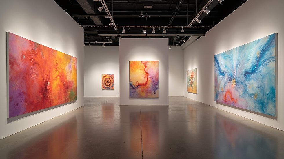 Eye-level view of a vibrant art installation in a gallery