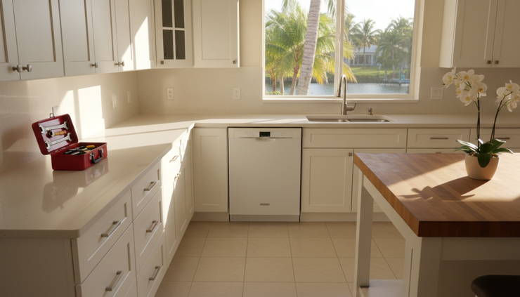 Wide-angle view of a repaired household appliance in a clean kitchen with a small toolbox nearby