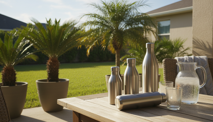 Eye-level view of reusable bottles on a patio table near a Florida backyard.