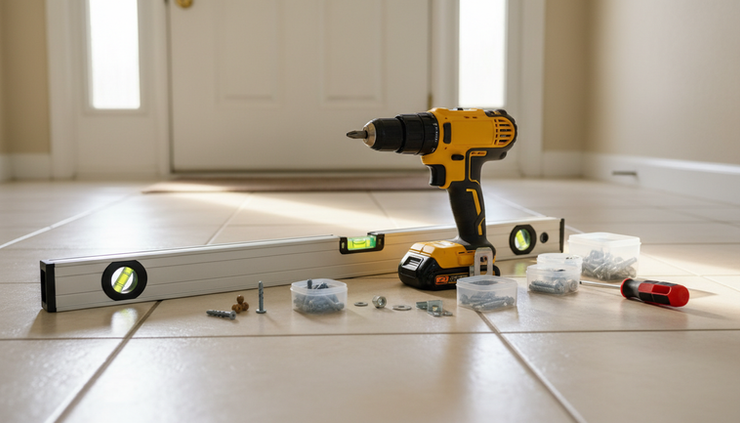 Low-angle view of neatly arranged repair tools on a tile floor near a doorway