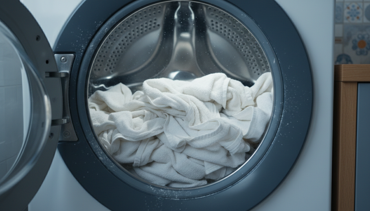 Close-up view of white towels in a washing machine with visible mineral residue near the drum.