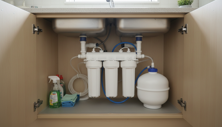 Wide-angle view of an under-sink reverse osmosis system installed in a clean kitchen cabinet.