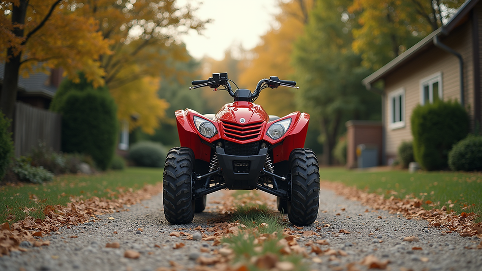 Eye-level view of a red Gio ATV parked on a gravel driveway