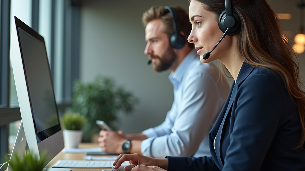 Close-up view of a customer service representative assisting a buyer online
