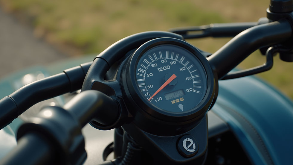 Close-up view of a Gio ATV dashboard showing controls and speedometer