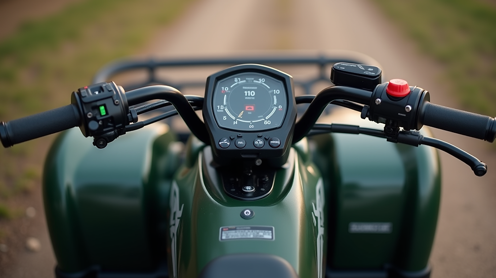 Close-up view of an electric ATV dashboard with controls