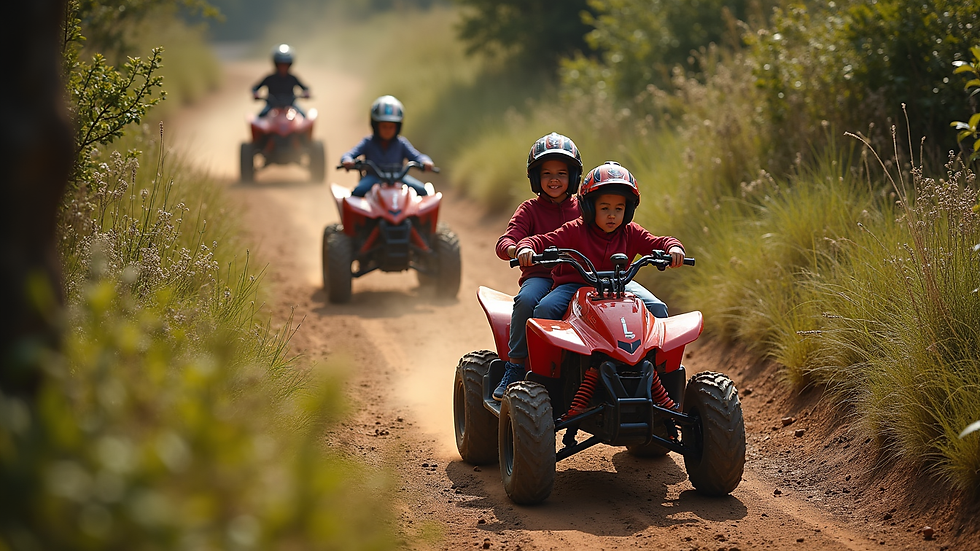 High angle view of a family riding entry-level ATVs on a dirt trail