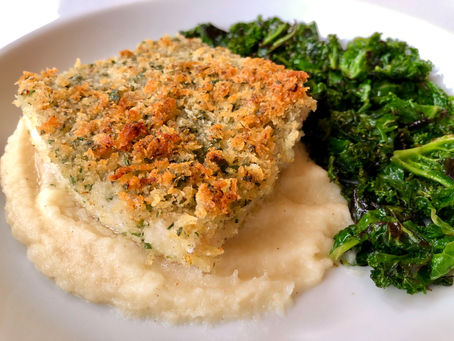 Lemon and Parsley Crusted Pollack, Celeriac Purée and Crispy Kale