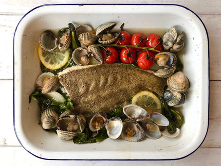 Baked Brill on the Bone with Cockles and Wild Garlic