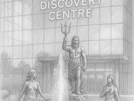 A detailed pencil-style drawing of the exterior of the Water Discovery Centre. In front of the modern glass building stands a large fountain featuring a central statue of Poseidon holding a trident, surrounded by two mermaids on either side. Water sprays upward from the fountain basin, and the building’s name appears prominently across the glass facade behind the statues.