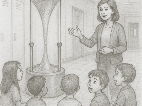 A pencil-style sketch showing a female teacher in a school hallway presenting a tall water vortex exhibit to five young children seated in front of her. The children sit cross-legged on the floor, watching with curiosity. The hallway has lockers, tiled floors, and doors in the background, all drawn in soft pencil shading.