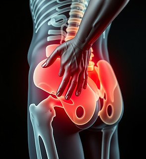 Person experiencing hip pain highlighted in red. Atlanta Injury Care.