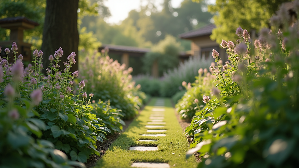 Eye-level view of a serene garden with diverse plants