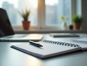 Desk with laptop and open book evoking the idea of reflective leadership