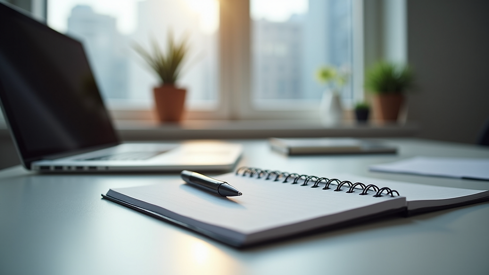 Eye-level view of a modern office desk with a notebook and pen