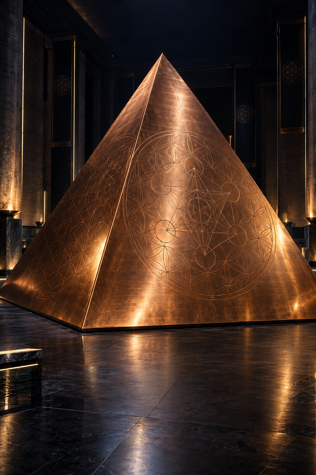 Full-Size Copper Pyramid in dramatic dark studio space