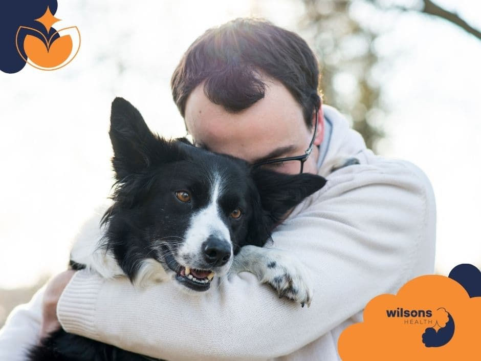 Man in glasses hugging a black and white dog, evoking warmth. Bright background with blurred trees. "Wilsons Health" logo visible.