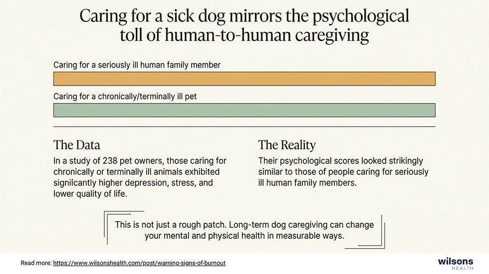 Infographic compares psychological toll of caregiving for sick pets to humans. Includes data results and emphasizes mental health impact.