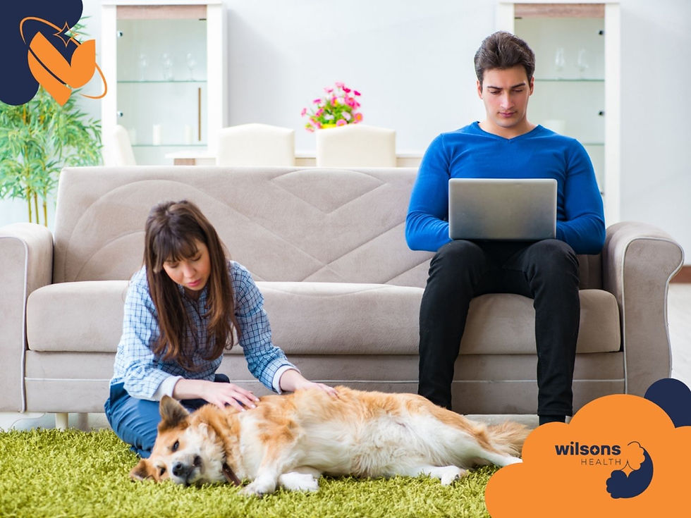 A woman pets a dog on a green rug while a man in blue works on a laptop on the couch. Bright, cozy room with plants and dining area.