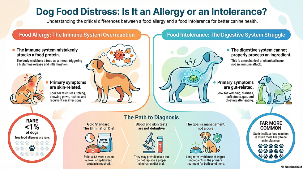 Infographic compares dog food allergies and intolerances, detailing symptoms, diagnosis, and treatment. Includes colorful dog illustrations.