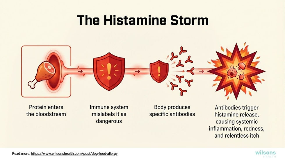 Infographic titled "The Histamine Storm," showing protein entry, immune response, antibody production, and histamine-triggered inflammation in dogs in the case of food allergy.