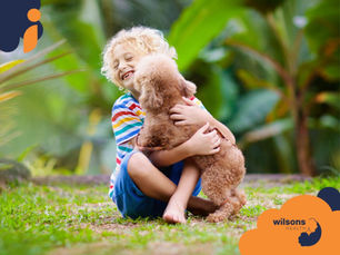 Child with curly hair hugs small brown dog outdoors, smiling. Bright striped shirt. Greenery in background. Logo: Wilson's Health