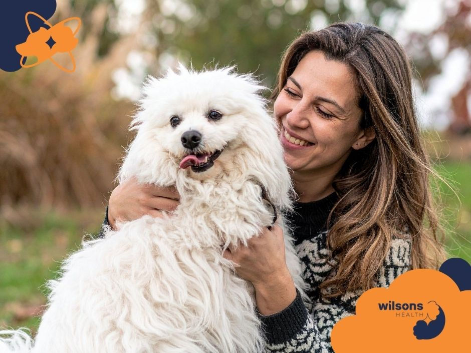 Woman smiling while holding a fluffy white dog in a green park. Logo reads "wilsons HEALTH" with orange and navy design elements.