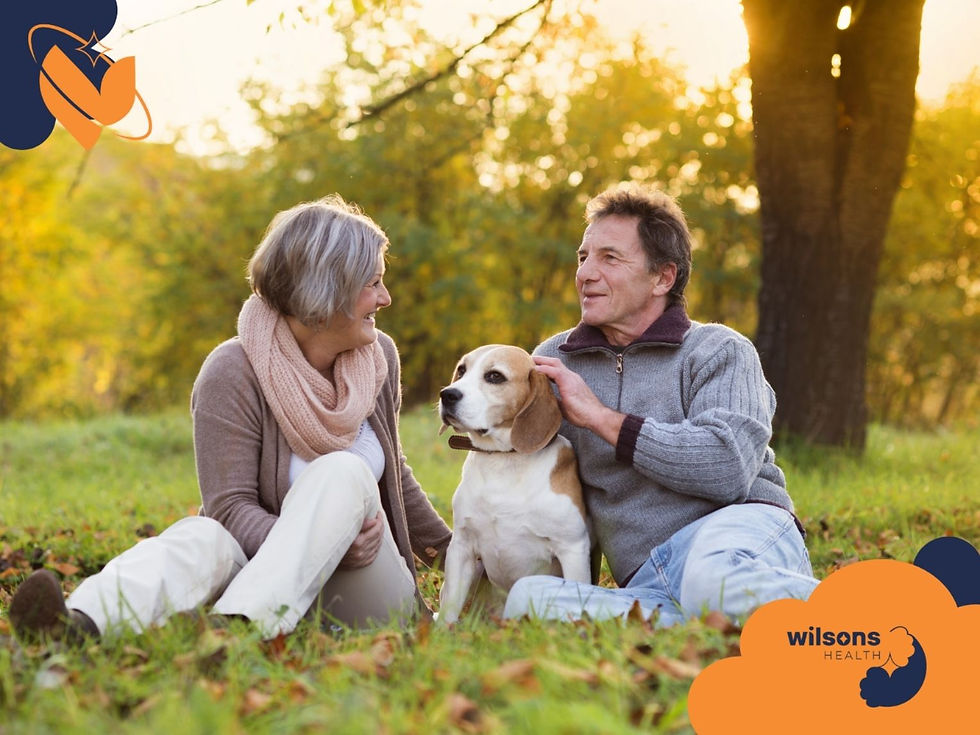 Older couple sitting with a dog on grass in a sunny park, smiling. Autumn leaves and trees in background. "Wilsons Health" logo in corner.