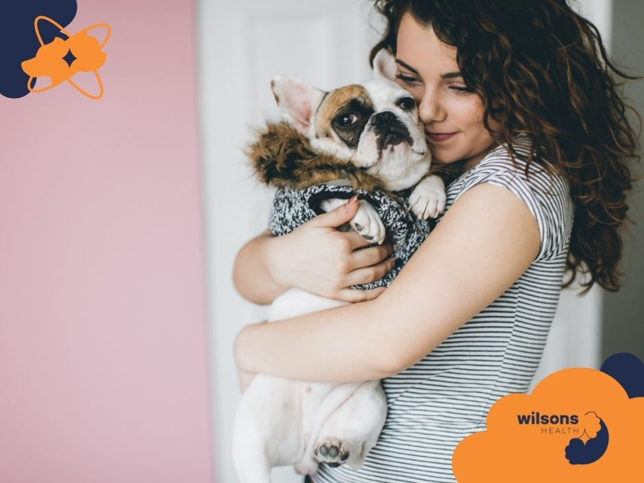 Woman hugs a French Bulldog wearing a fur-lined hoodie. Pink wall background, striped shirt, and Wilsons Health logo. Warm, affectionate mood.