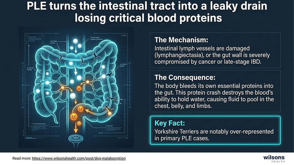 Diagram of an intestine with text explaining PLE's effects on protein loss, lymphatic damage, and consequences. Notable blue and orange hues.