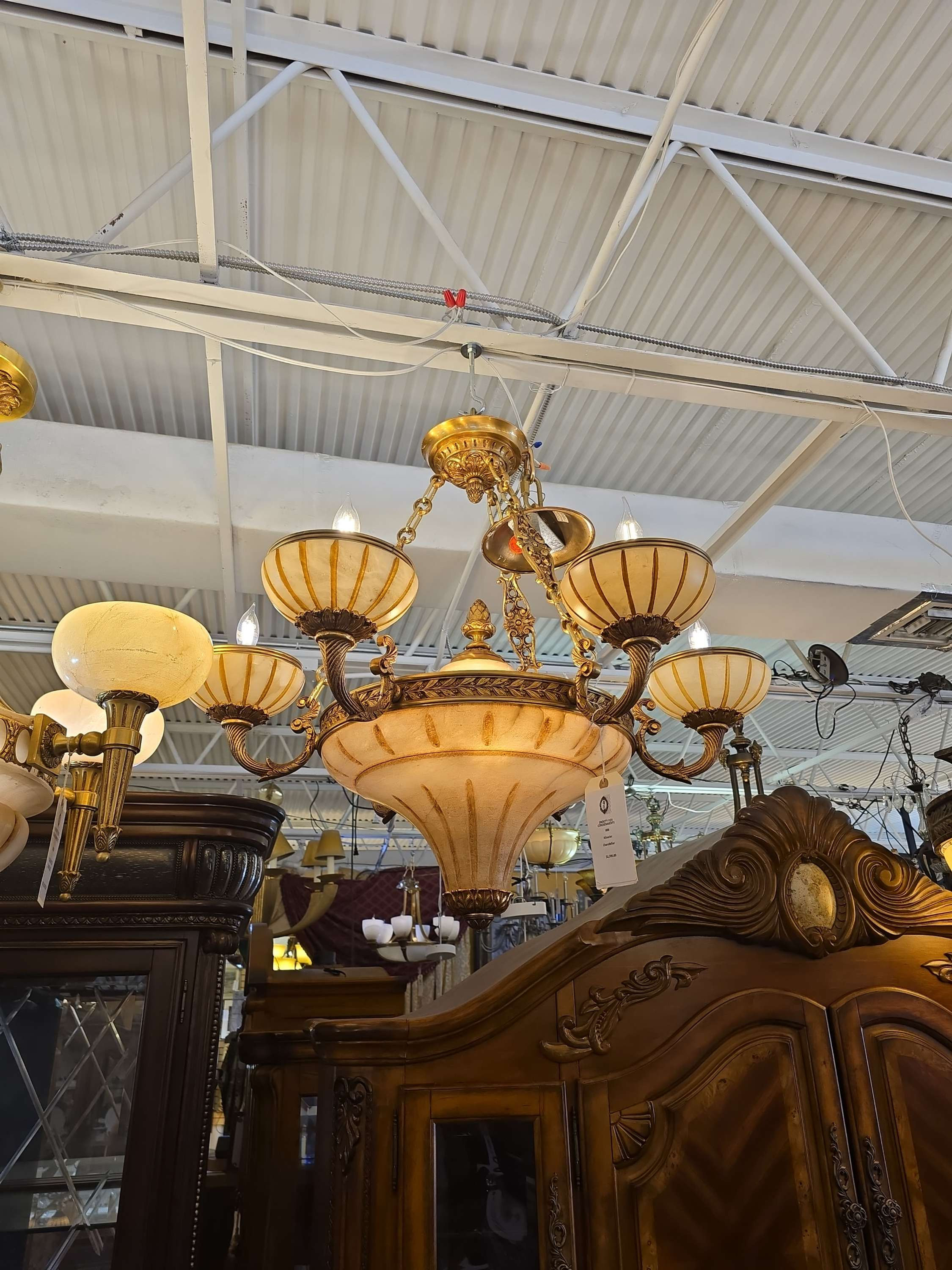 French Alabaster Brass 6 Arm Chandelier