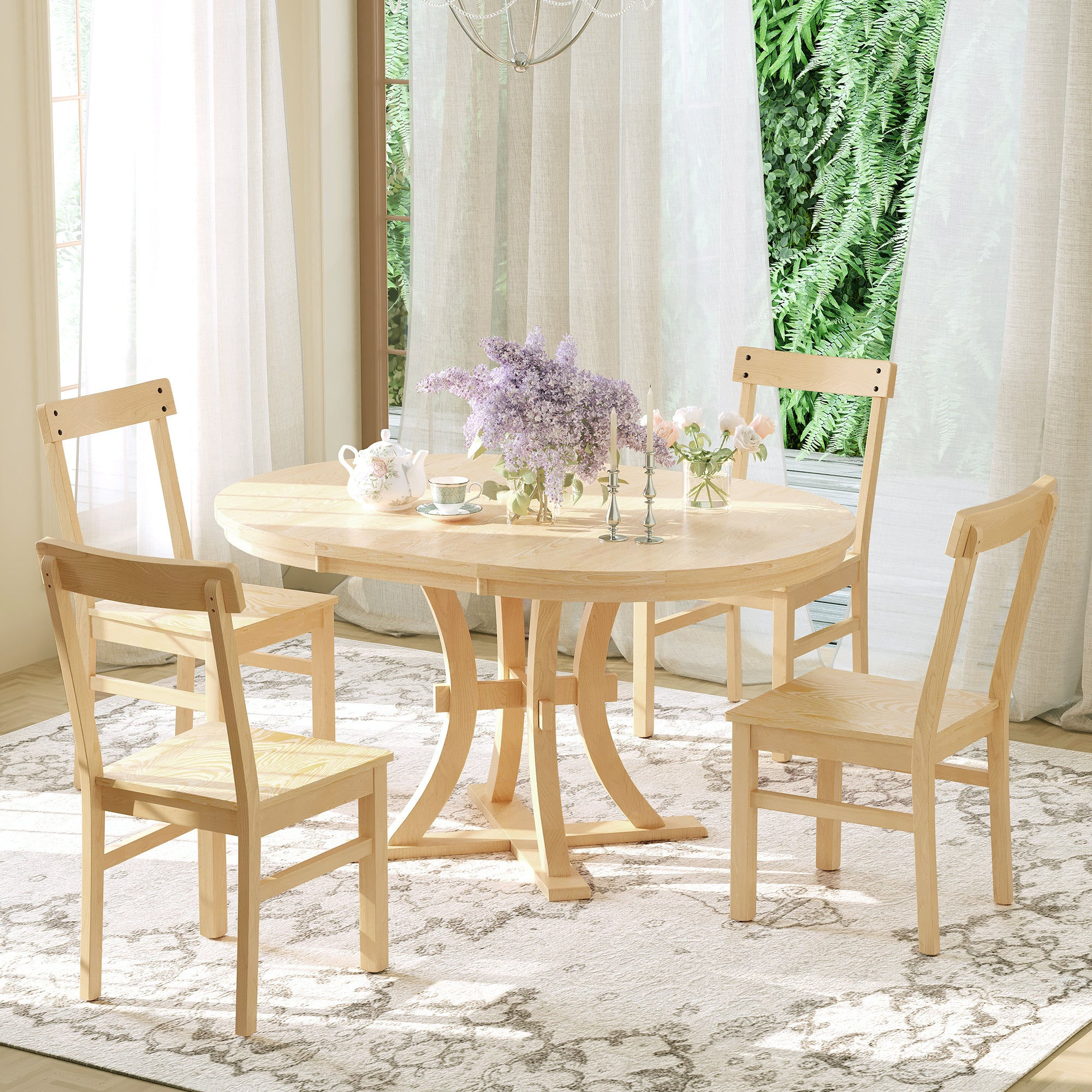 5-Piece Rustic Round Pedestal Extendable Dining Table Set
