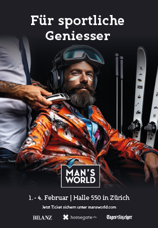 Man's World Kampagne 2024, Mann im Anzug und Ski im Hintergrund mit Rasierer