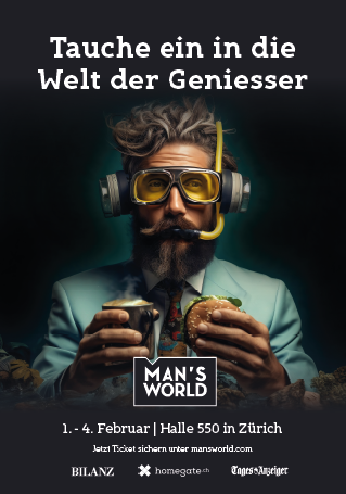 Man's World Kampagne 2024, Mann im Anzug und Taucherbrille hält Kaffee und Burger in der Hand