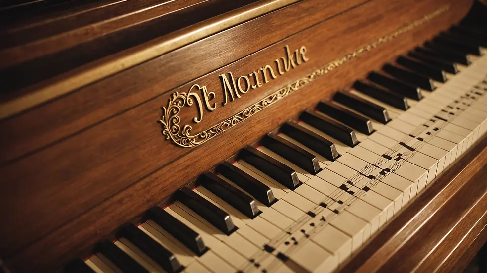 Eye-level view of a vintage piano showcasing musical notes on sheet music