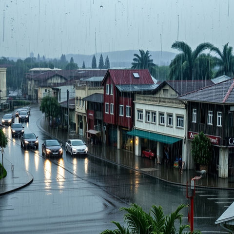 Pouring rain over a dull town.