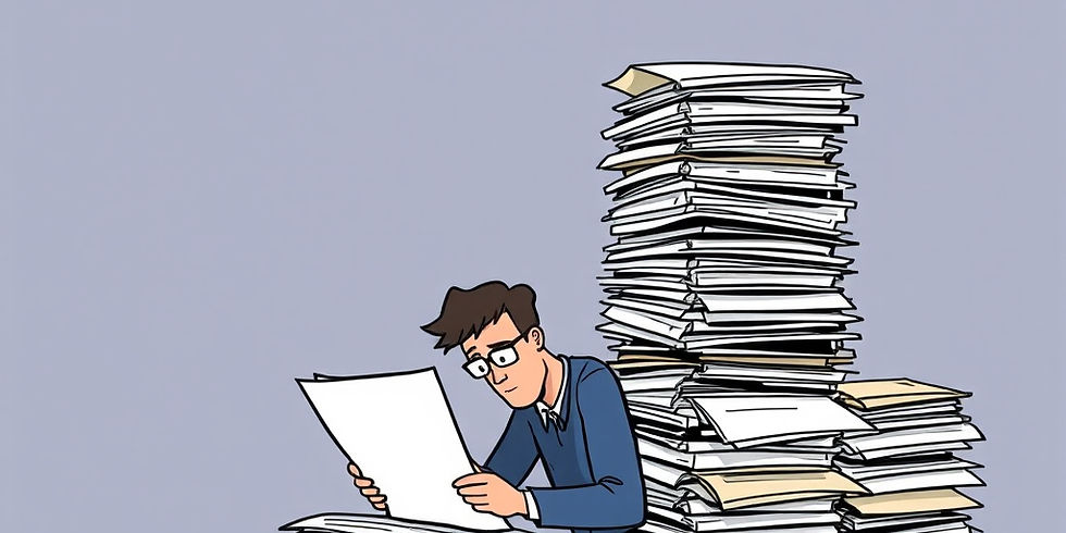 Man working through large stack of papers
