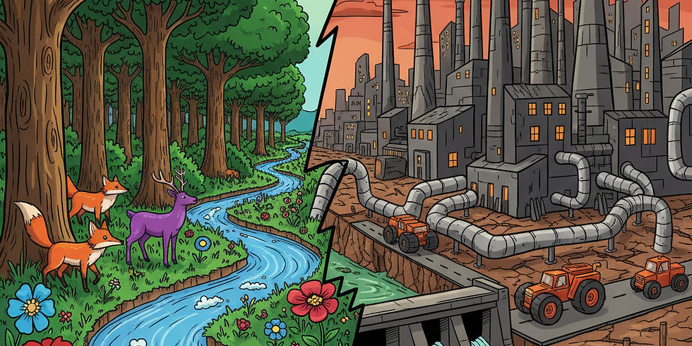 A natural landscape being built upon and destroyed by mankind