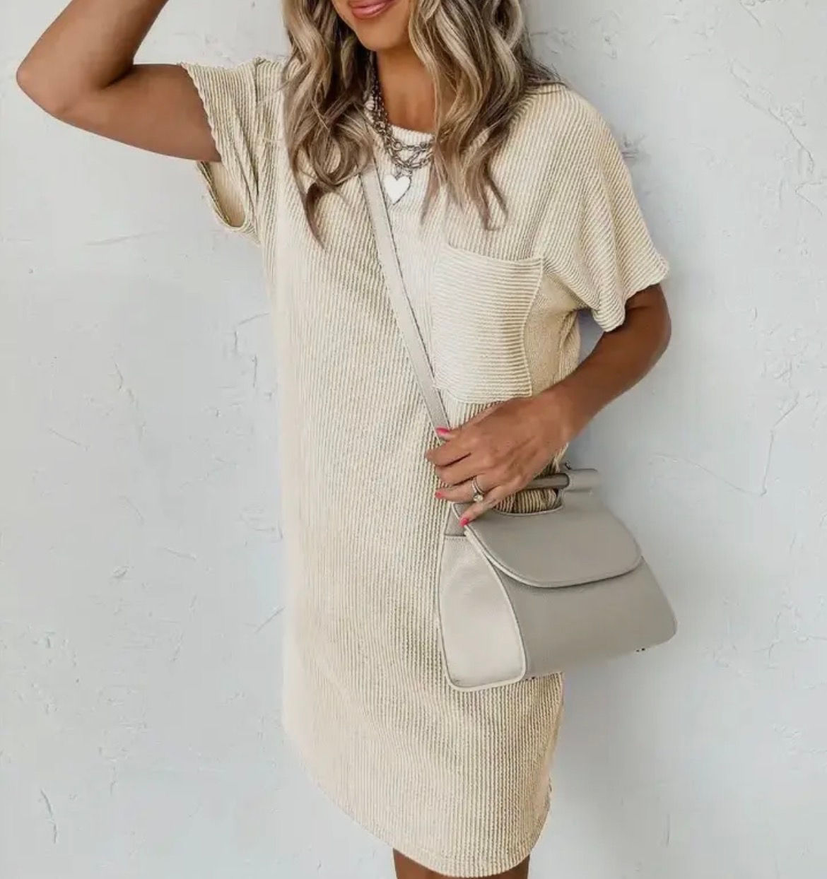 Cream Casual T-shirt Pocket Dress