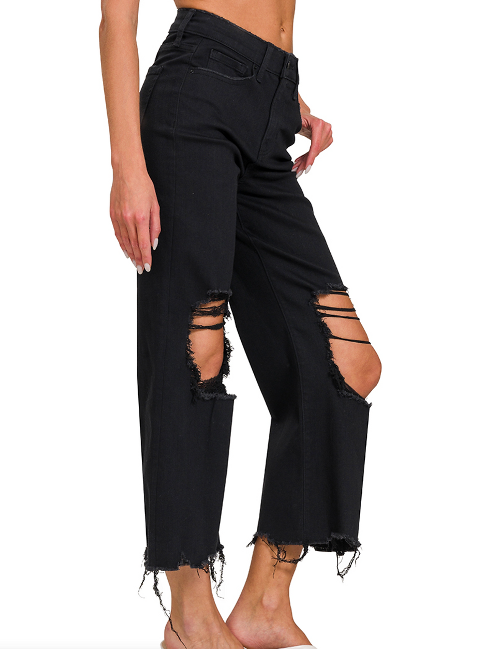 Thumbnail: Distressed Flare Cropped High Waist Jeans