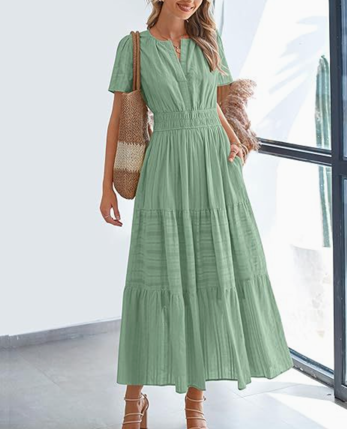 GreenV Neck Flowy Dress